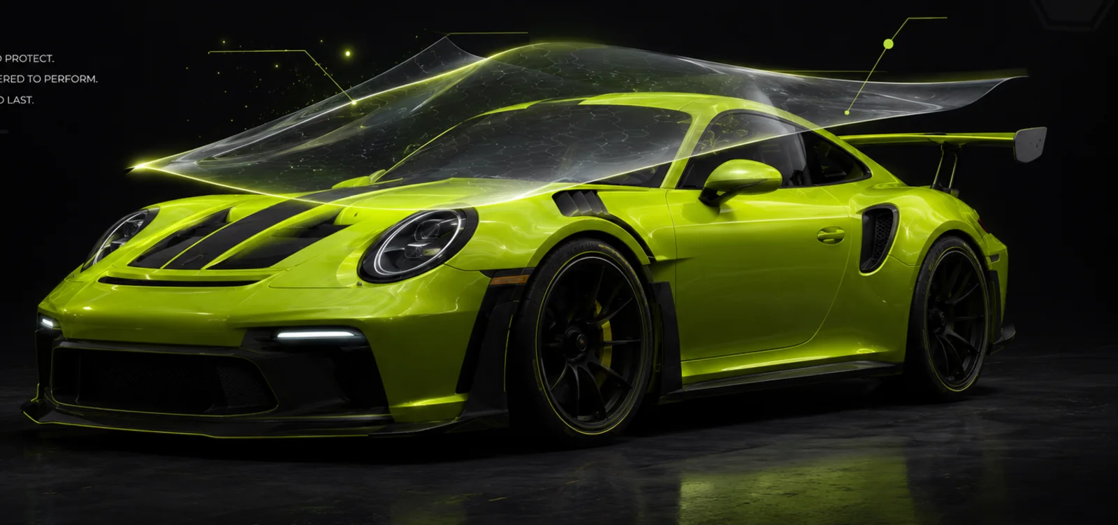 High performance sports car with a transparent protective film floating above its body