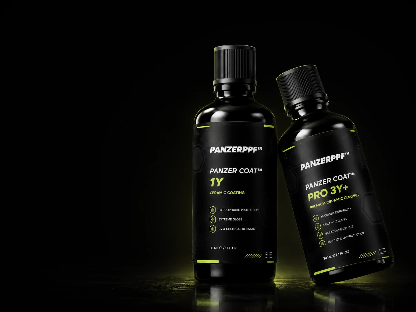 PANZER COAT 1Y and Pro 3Y+ ceramic coating bottles
