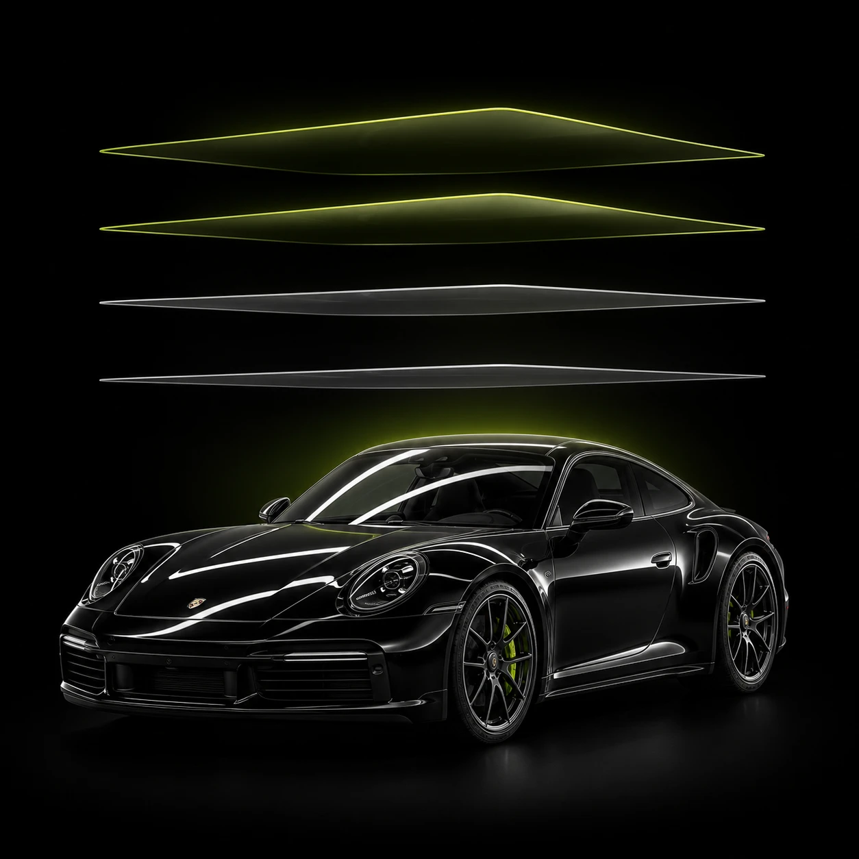Black Porsche beneath four floating paint protection film layers